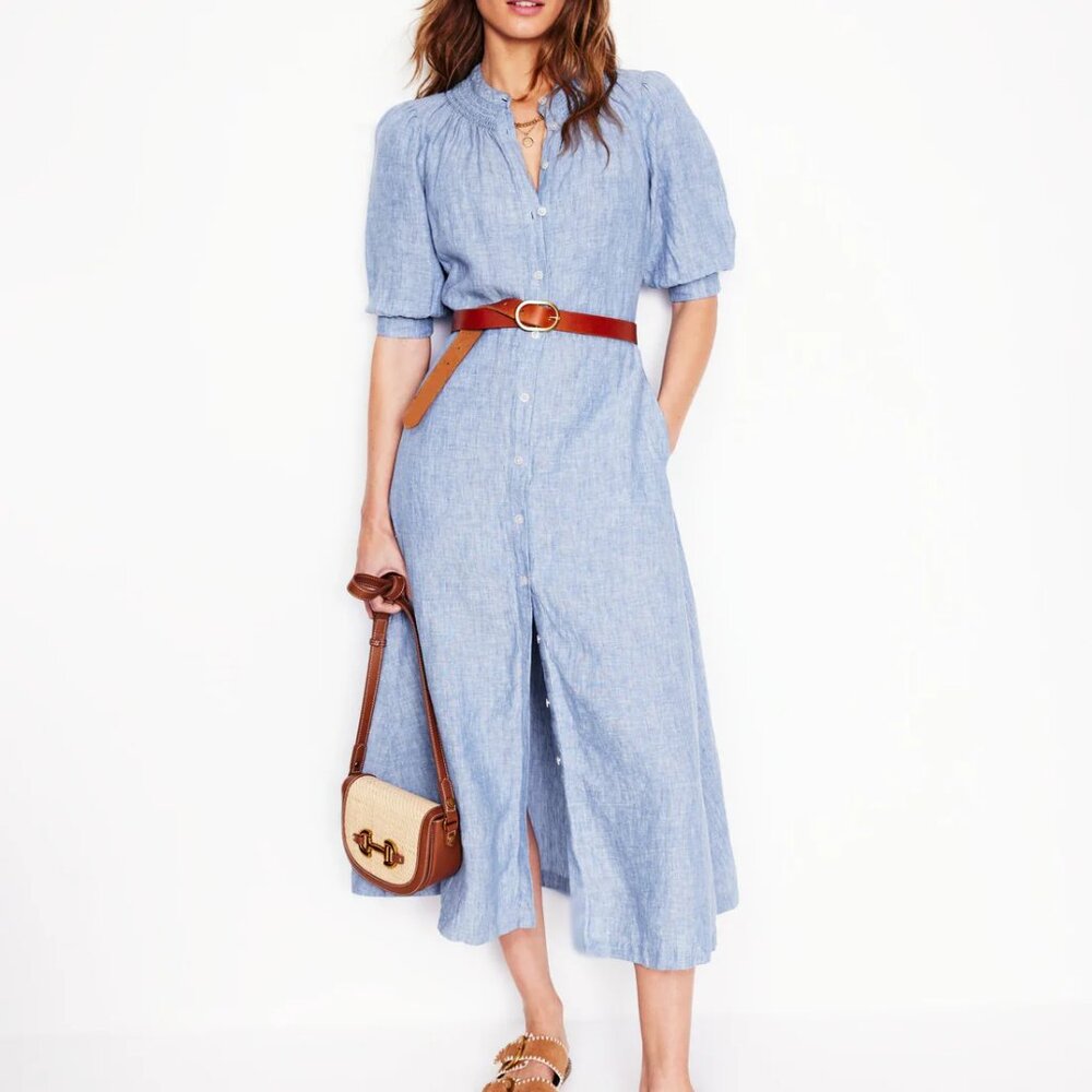 Boden Light Blue Linen Button-Front Midi Dress